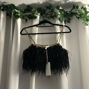 NWT LoveShackFancy dusty cropped feather-trimmed printed silk-crepe camisole